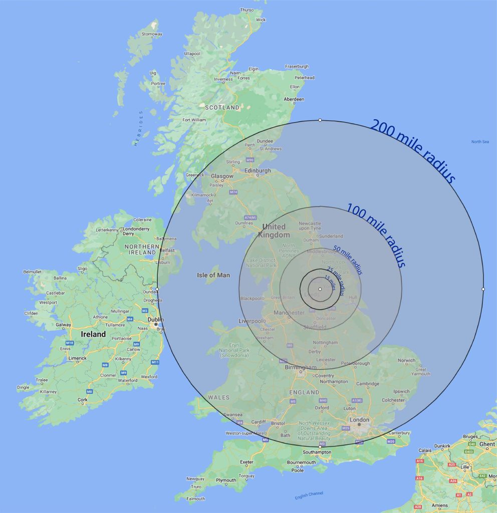 Map showing radius ranges from Furniture by HDS 15miles up to 200m to indicate shipping rates