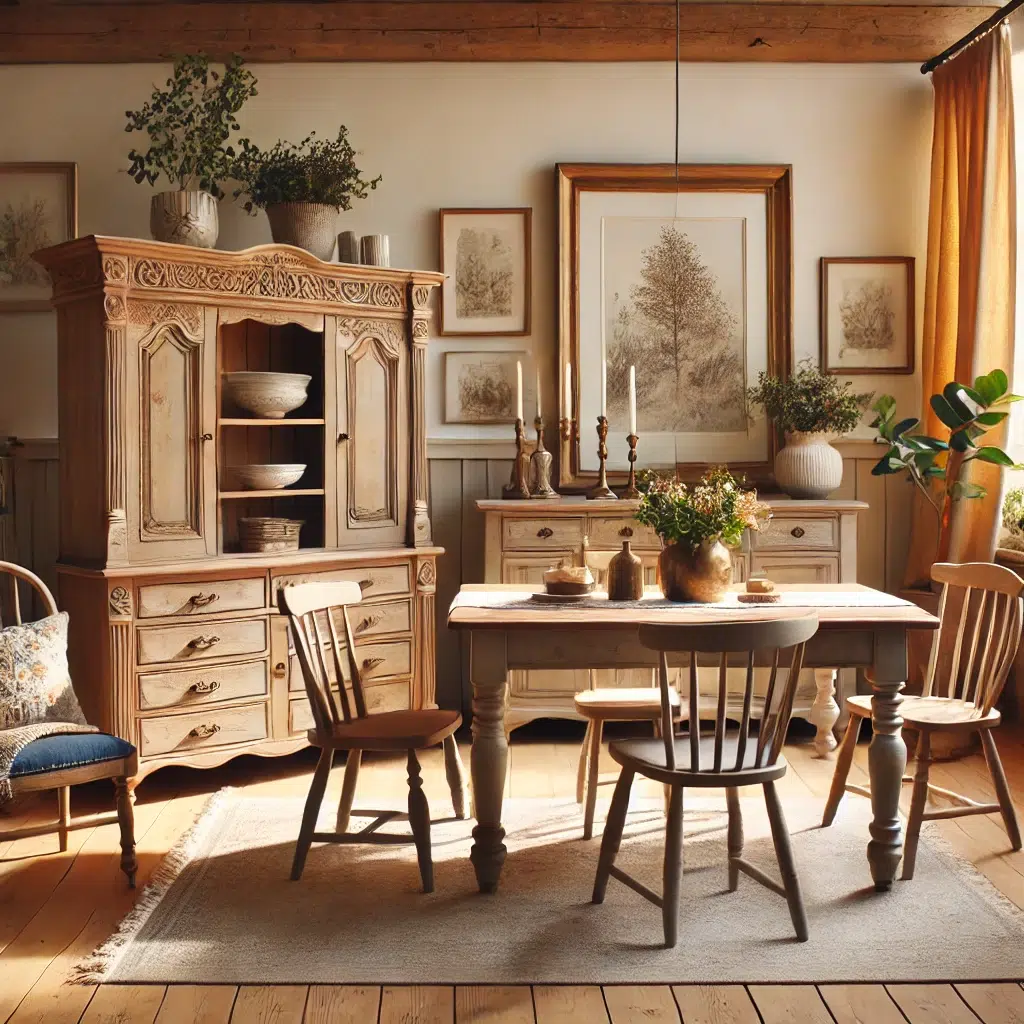 A warm and inviting furniture showroom showcasing refurbished furniture pieces. The display includes a beautifully hand-painted dining table and chairs