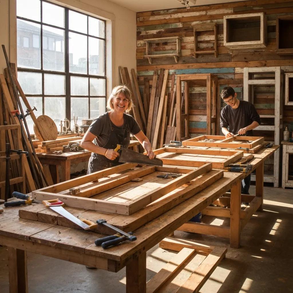 Artisans restoring furniture in a workshop, highlighting the environmental benefits of upcycled furniture