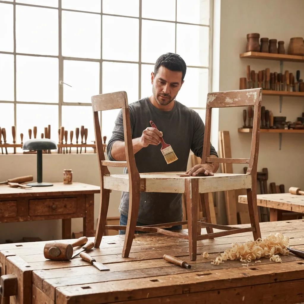 Craftsman applying hand-painted finish to refurbished wooden furniture, emphasizing sustainable practices