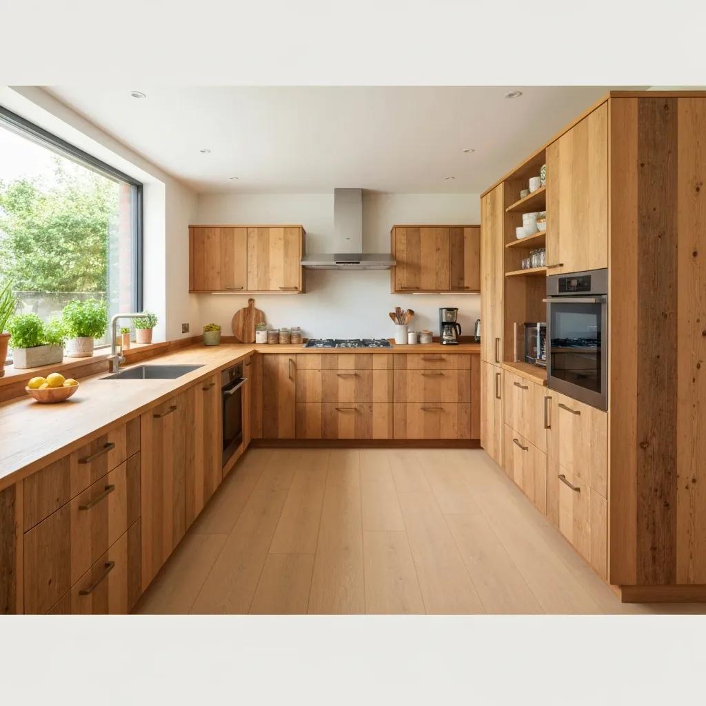 Modern kitchen with reclaimed wood cabinetry and energy-efficient appliances, showcasing bespoke sustainable design