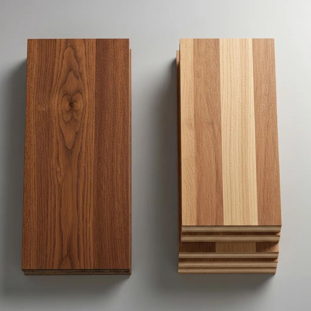 Samples comparing the look and layered construction of solid and engineered wood flooring