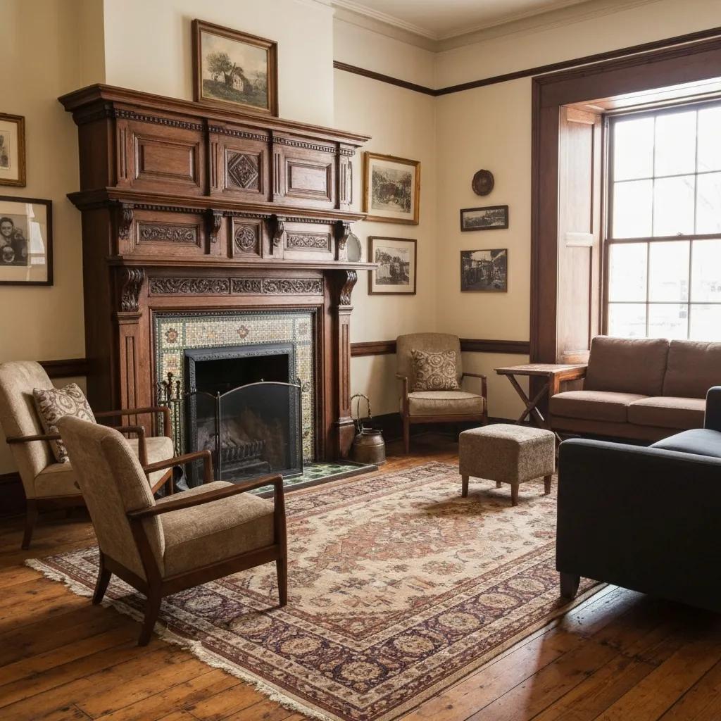 Cozy living room with restored vintage wooden dining table and upcycled chairs, highlighting eco-friendly furniture