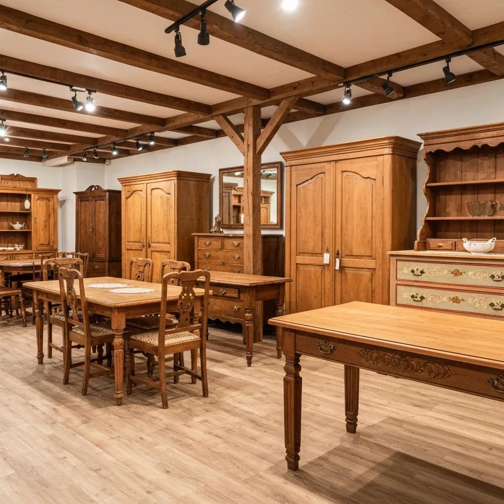 Interior of a vintage furniture shop displaying a range of refurbished wooden pieces and visible craftsmanship