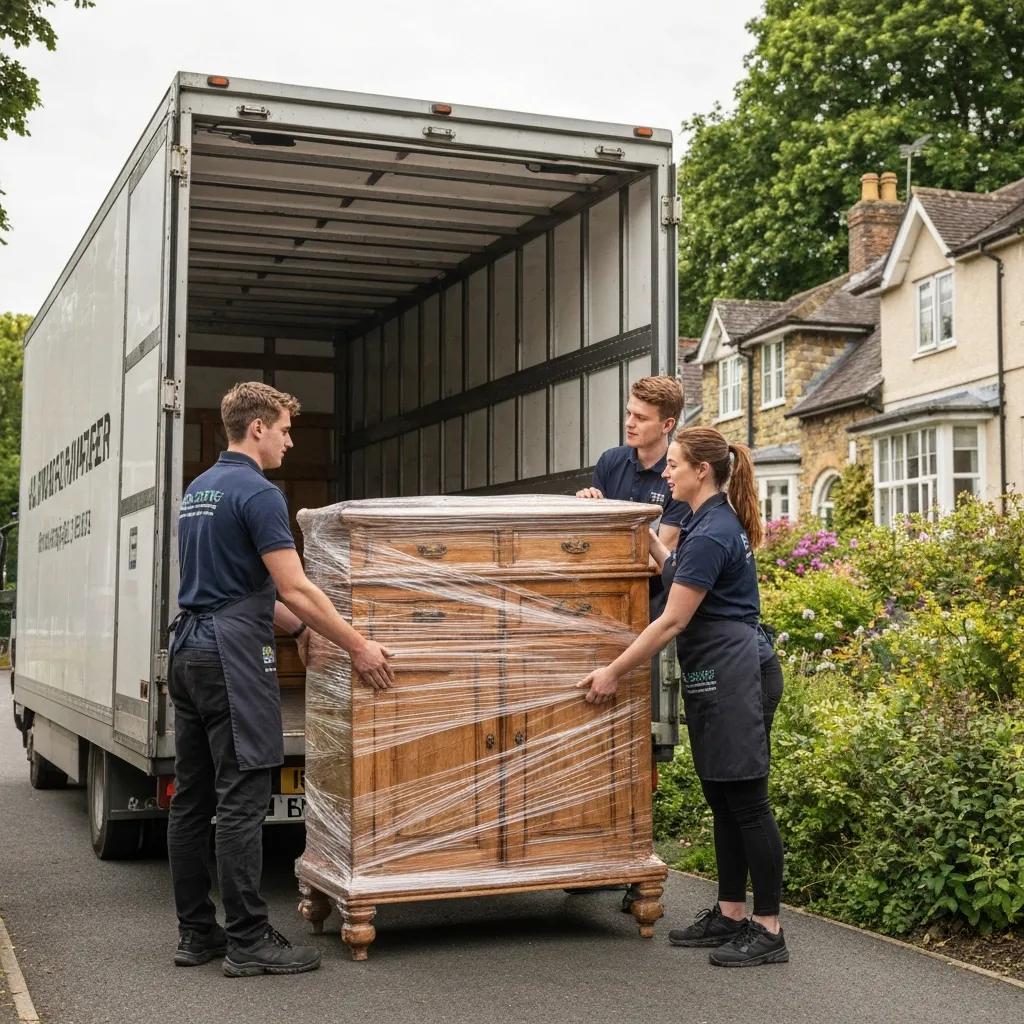 Delivery team placing a restored piece in a home, illustrating careful, sustainable delivery practices