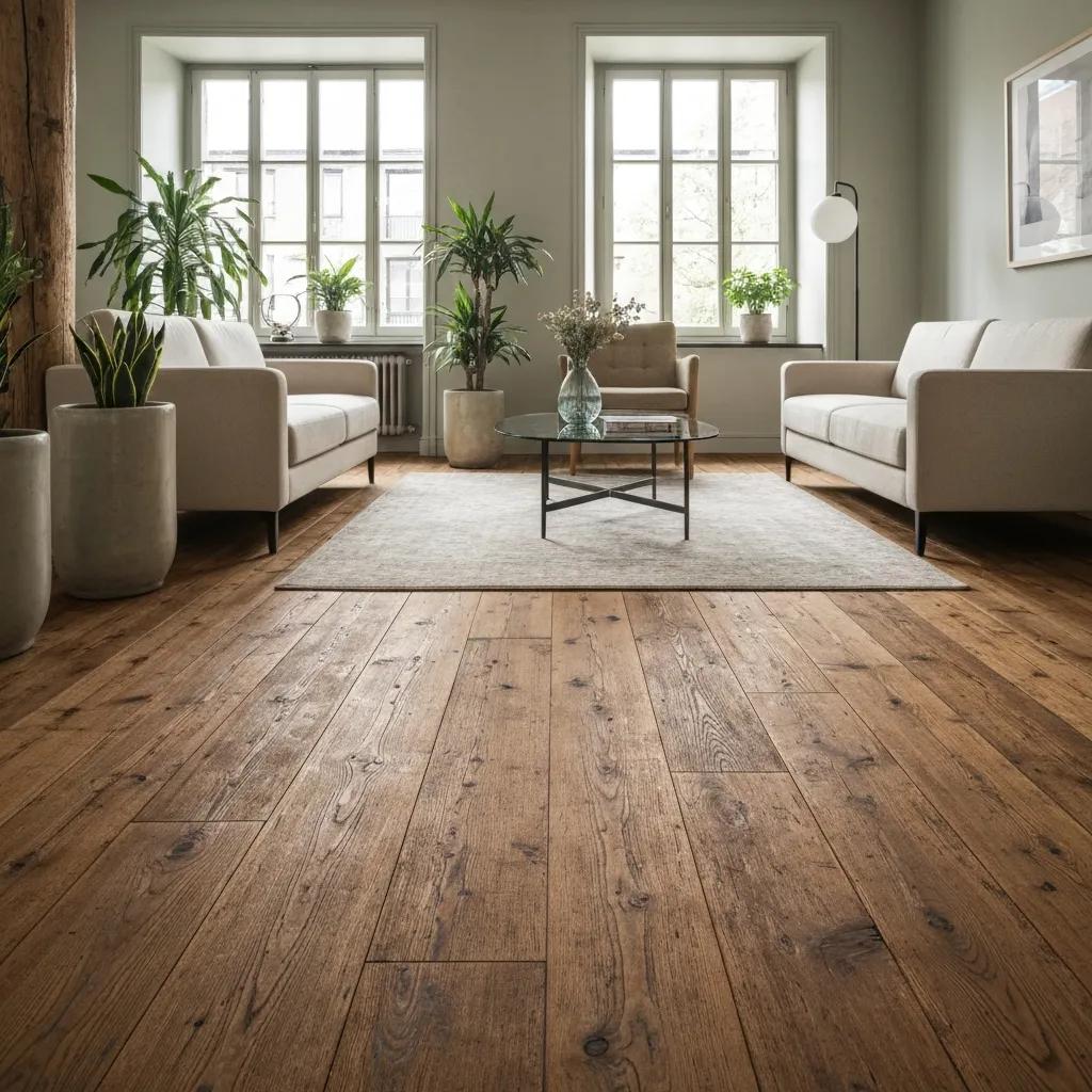 Interior with refurbished wood flooring showing distinctive marks and patina, highlighting sustainability and character