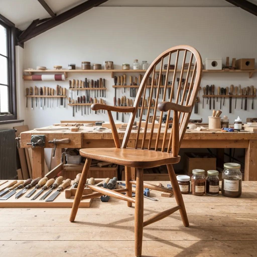 Antique wooden chair restoration process in a workshop, highlighting craftsmanship and sustainability