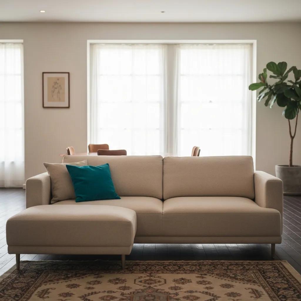 Cozy living room with a restored wooden dining table and vintage chairs, emphasizing sustainable furniture choices