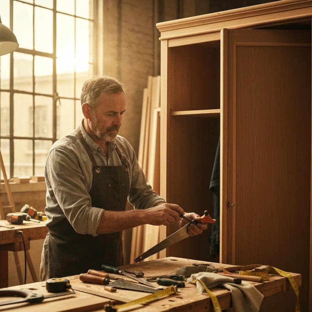 Skilled craftsperson working on a bespoke wardrobe in a workshop — precision restoration and remodelling