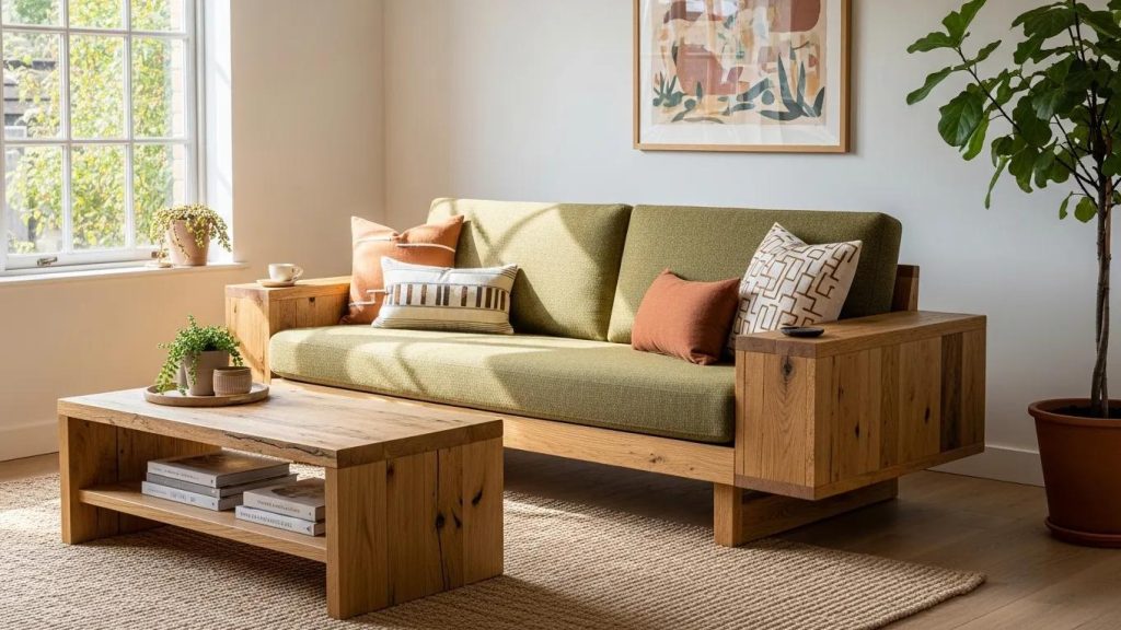 Bespoke furniture piece in a stylish living room, highlighting sustainable design and craftsmanship