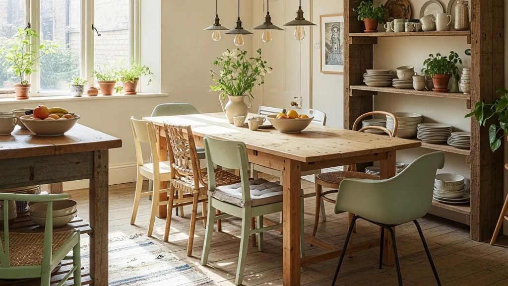Cozy kitchen with sustainable and refurbished furniture showcasing unique design elements