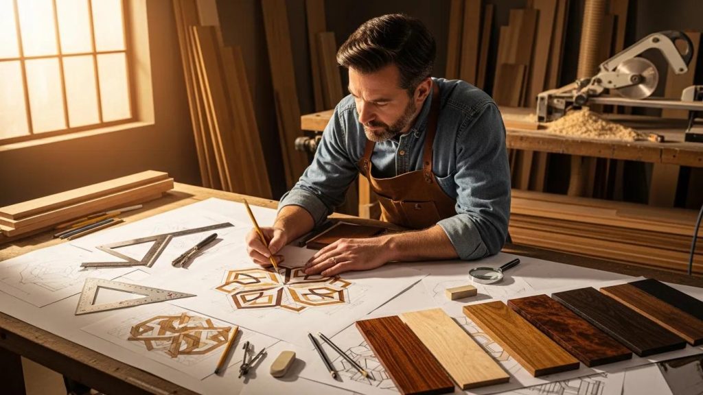 Craftsman designing bespoke hardwood flooring in an artisan workshop
