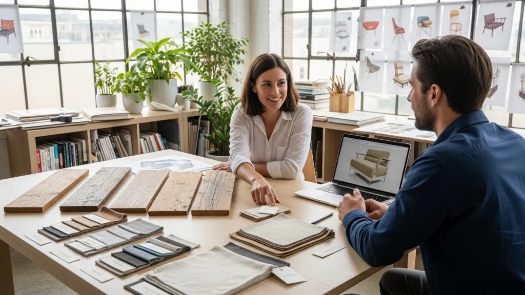 Designer and client reviewing eco-friendly materials for bespoke furniture in a modern studio