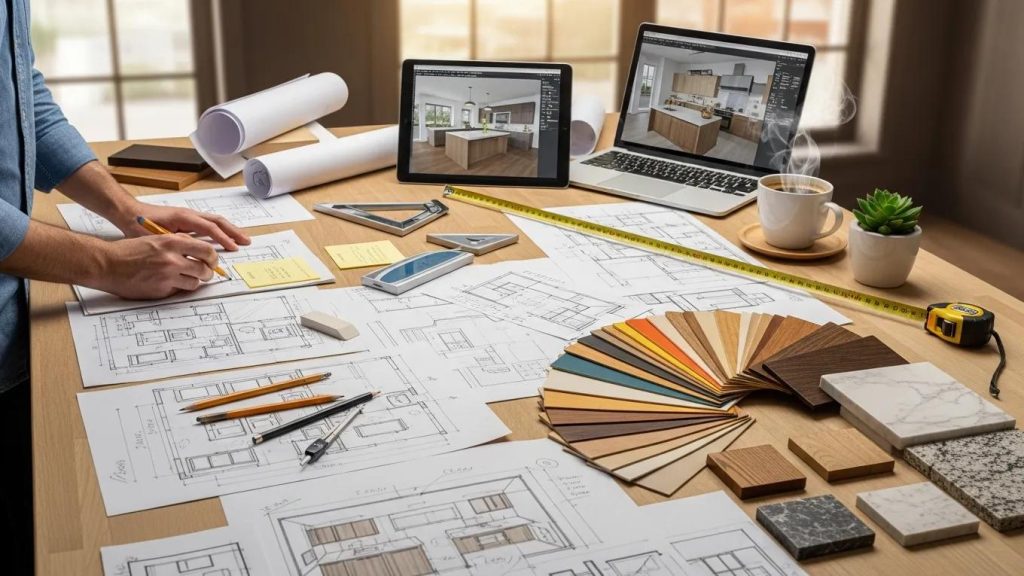Designer creating bespoke kitchen plans with materials and sketches in a creative workspace