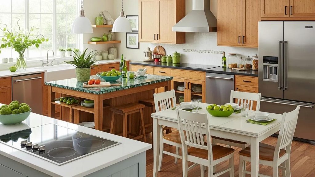 Eco-friendly kitchen furniture options including handcrafted cabinetry and energy-efficient appliances
