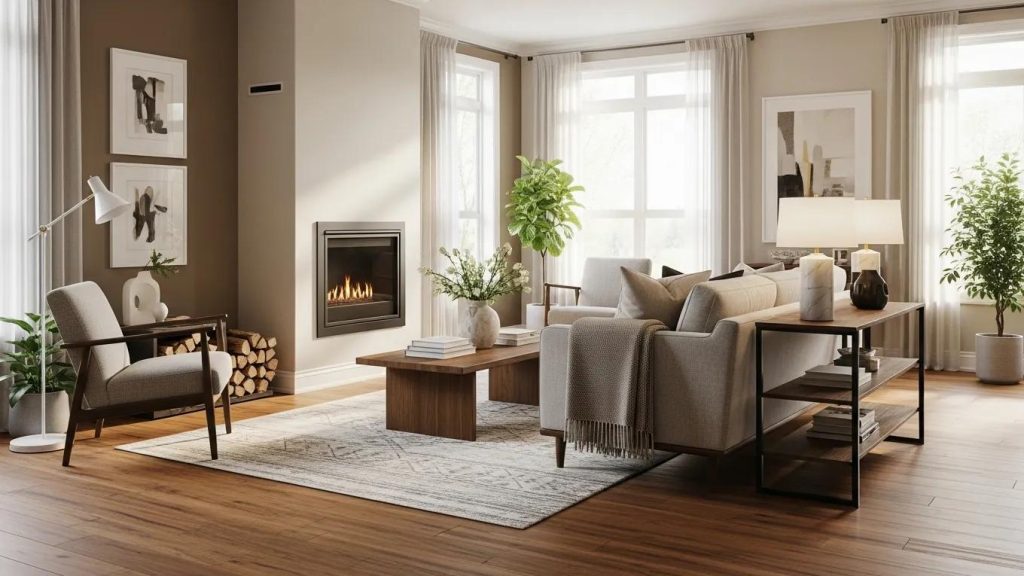 Elegant hardwood flooring in a cozy living room with natural light and stylish decor