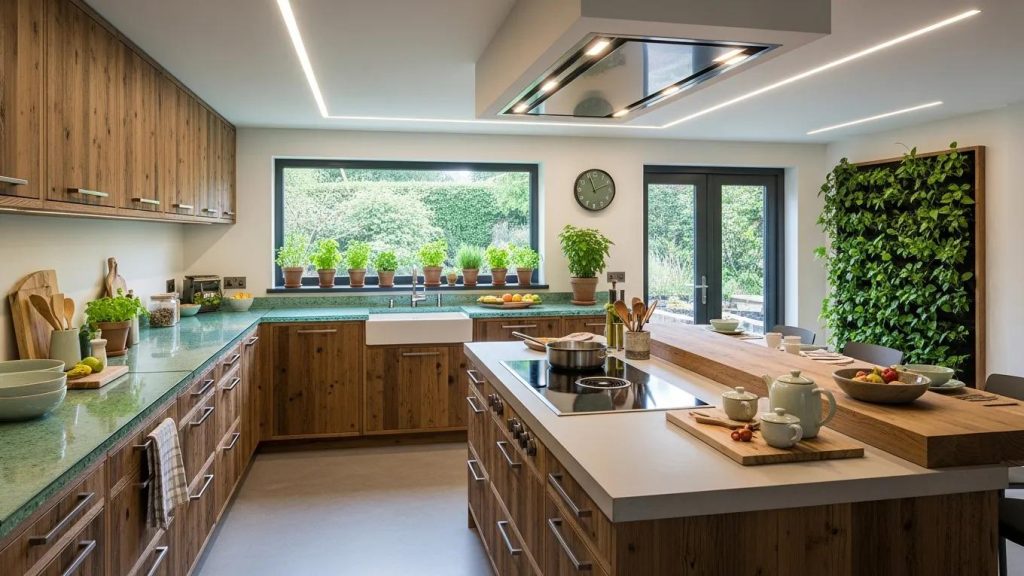 Modern kitchen with sustainable materials and bespoke furniture highlighting eco-friendly design