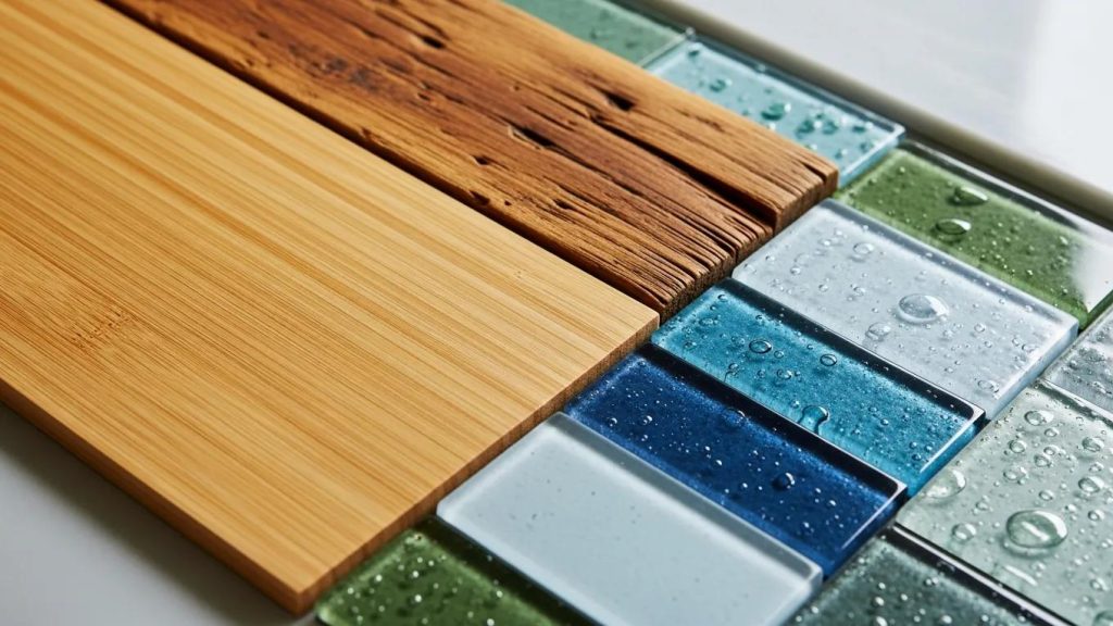 Sustainable kitchen materials including bamboo, reclaimed wood, and recycled glass