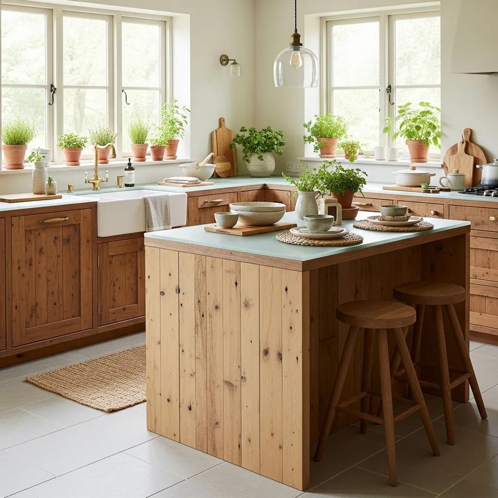 Custom refurbished wooden kitchen with reclaimed wood cabinets and eco-friendly design elements