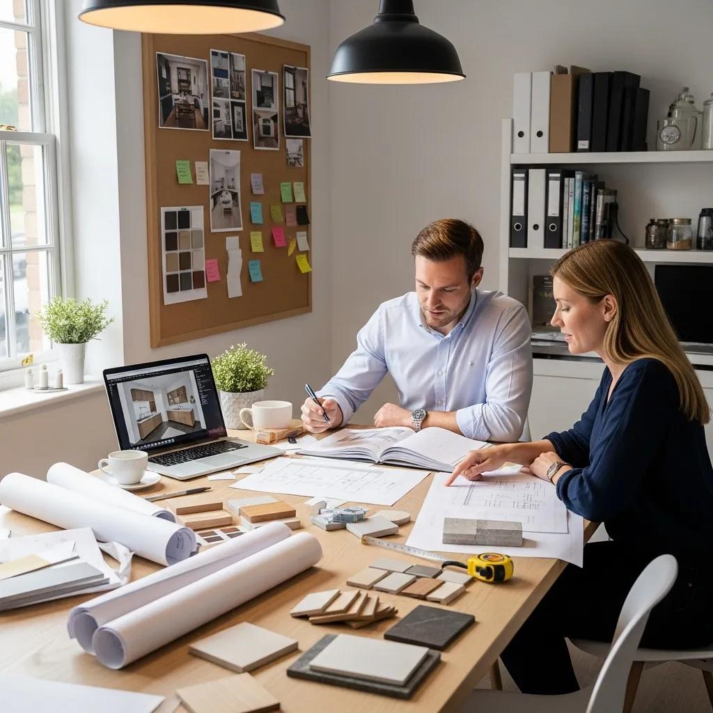 Designer and homeowner collaborating on bespoke kitchen design with sketches and materials