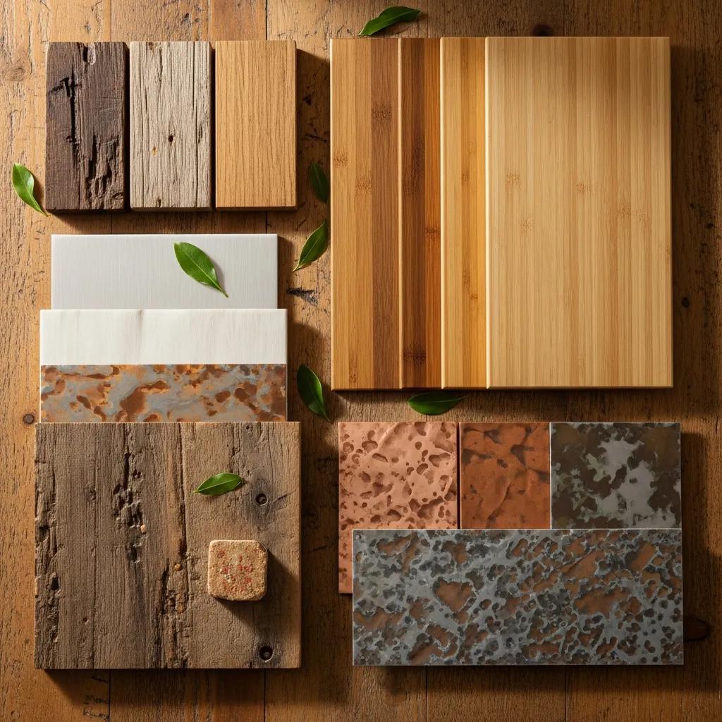 Samples of sustainable materials for custom kitchen cabinets including reclaimed wood and bamboo