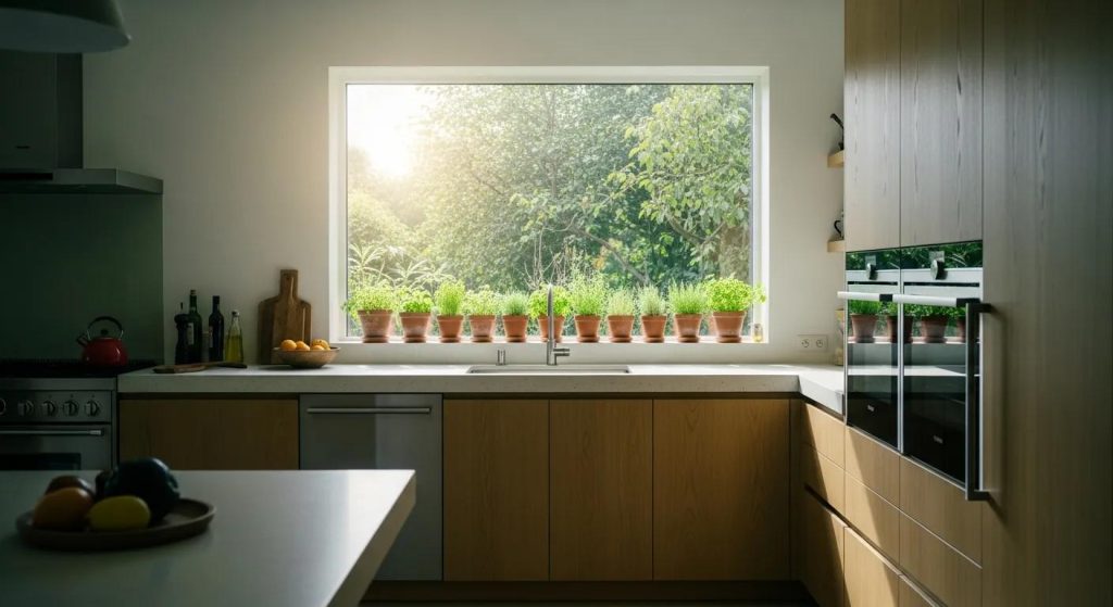 Bright eco-friendly kitchen with sustainable furniture and natural light