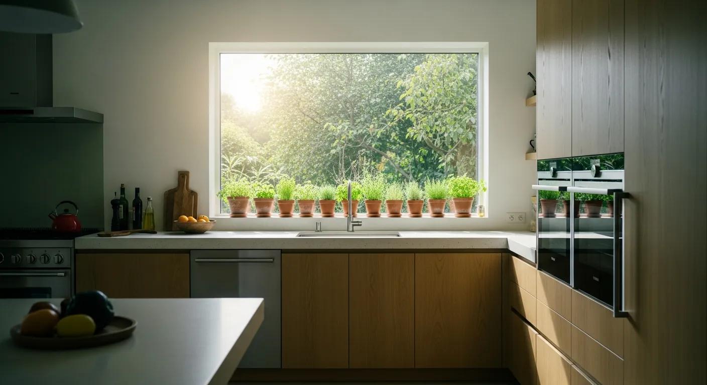Bright eco-friendly kitchen with sustainable furniture and natural light