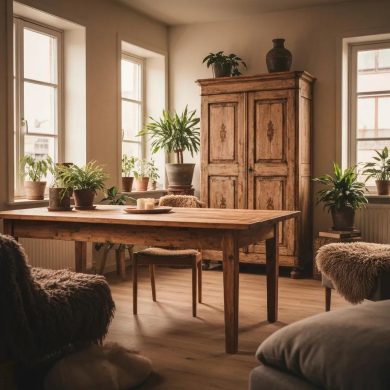 Cozy living room with restored wooden dining table and vintage wardrobe, emphasizing sustainable furniture